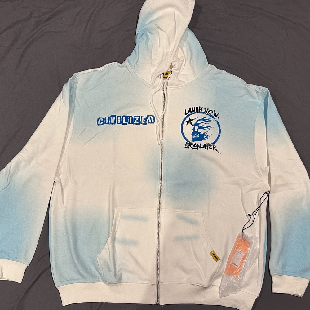 Civilized White and Blue Graphic zip up Hoodie